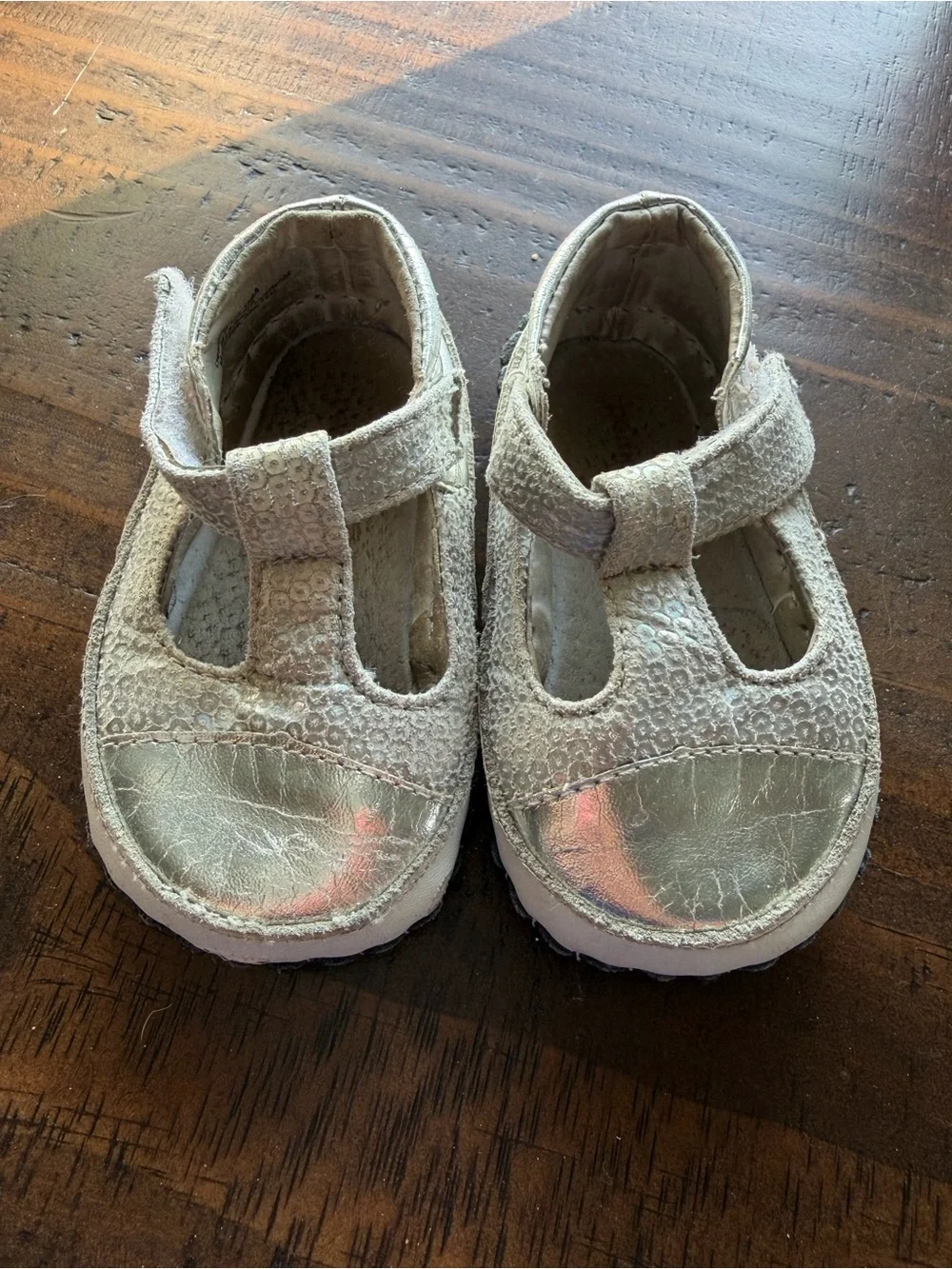 pediped Cream T-Strap Toddler Shoes with Metallic Silver Toe